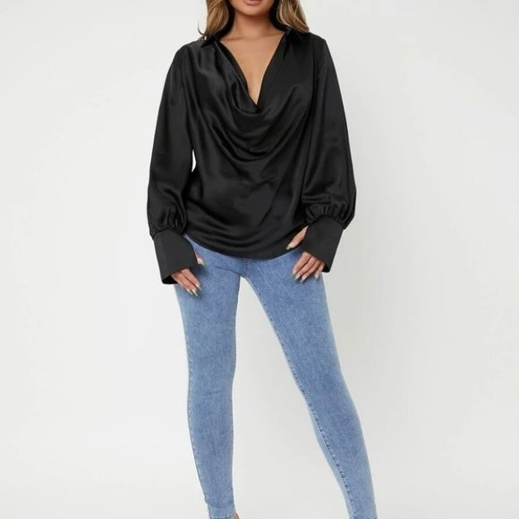 Draped Cowl Neck Long Lantern Bishop Sleeve Blouse - Satin black - Picture 4 of 6